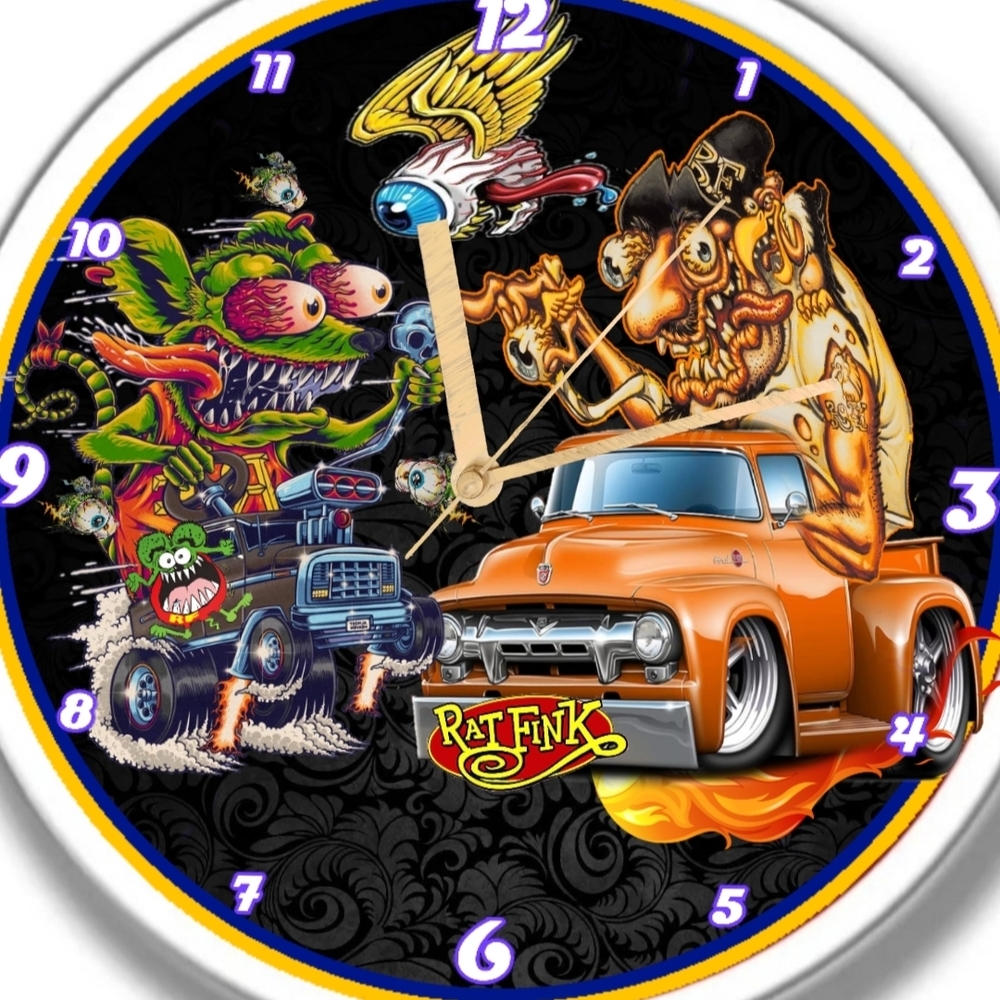 Rat Fink and Big Daddy Retro Car Wall Clock with Orange and Black Design